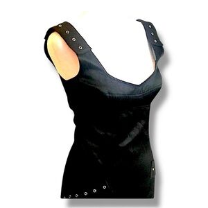 YOANA BARASCHI Black scoop neck gold tone rivets sleeveless cocktail dress SZ 0
